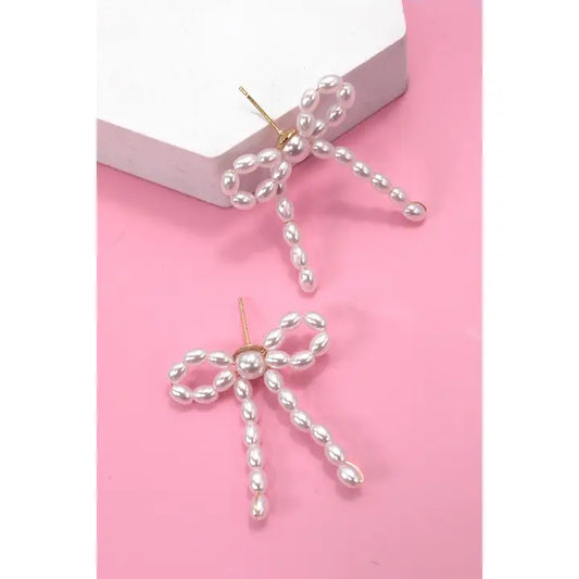 Pearl Bead Bow Ribbon Earrings