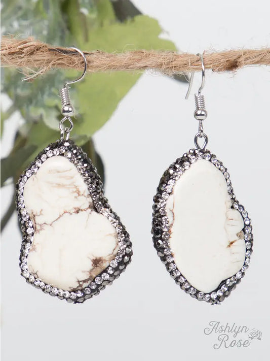 Ready To Rock Cream Stone Drop Earrings with Clear Crystal Accents, Silver