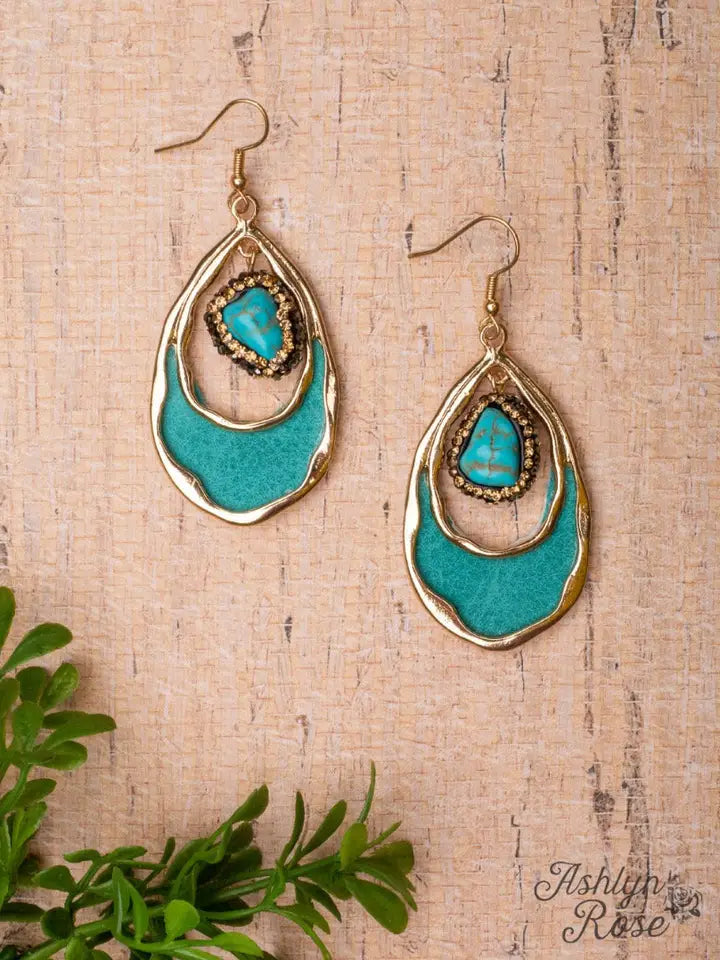 Southern Charm Turquoise Rock Turquoise Leather Teardrop Dangle Earrings