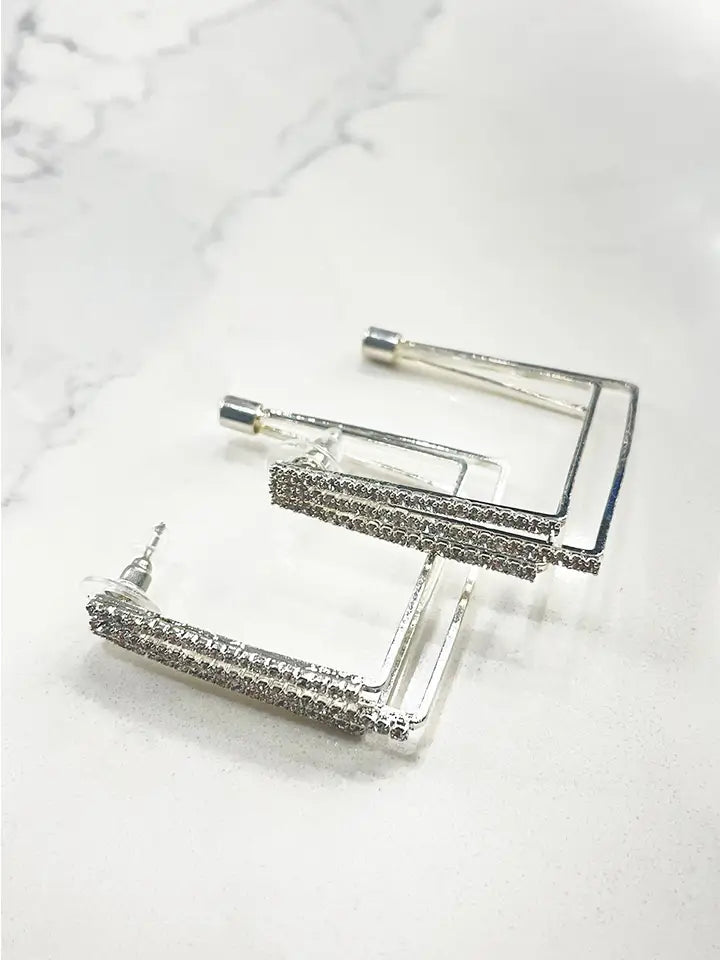 Back in the City Silver Crystal Layered Square Hoop Earrings